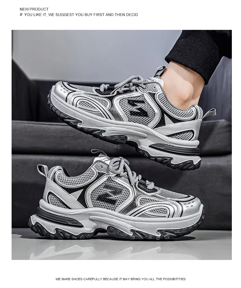 Hight Street Men's Mesh Chunky Sneakers Brand New Breathable Light Outdoor Running Shoes Student Soft-sole Sports Running Shoes