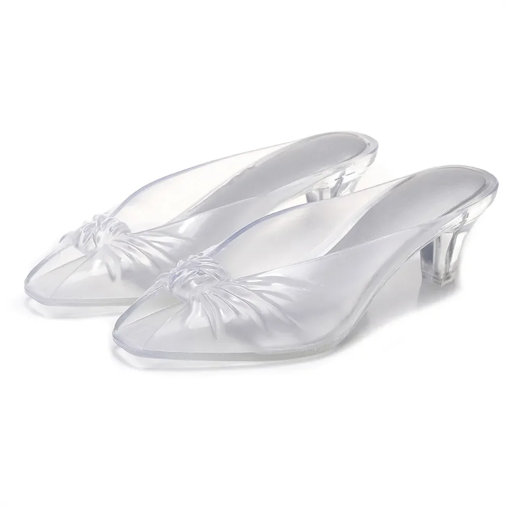 Summer Women Smoky Gray Jelly Mules Knotted Front Peep Toe Transparent Clear Mid Heel Slip On Slides Casual Beach Party Sandals