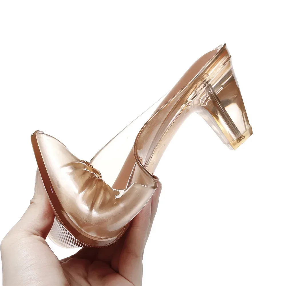 Summer Women Smoky Gray Jelly Mules Knotted Front Peep Toe Transparent Clear Mid Heel Slip On Slides Casual Beach Party Sandals