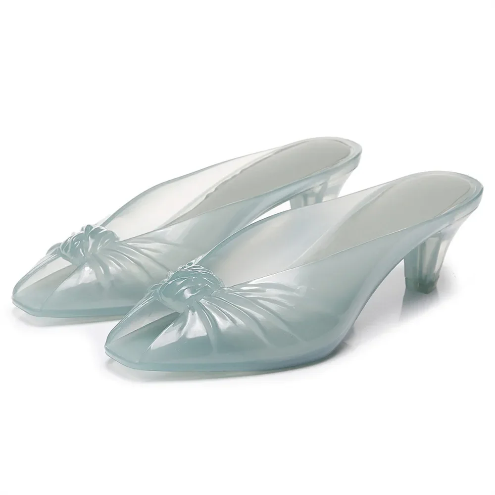 Summer Women Smoky Gray Jelly Mules Knotted Front Peep Toe Transparent Clear Mid Heel Slip On Slides Casual Beach Party Sandals