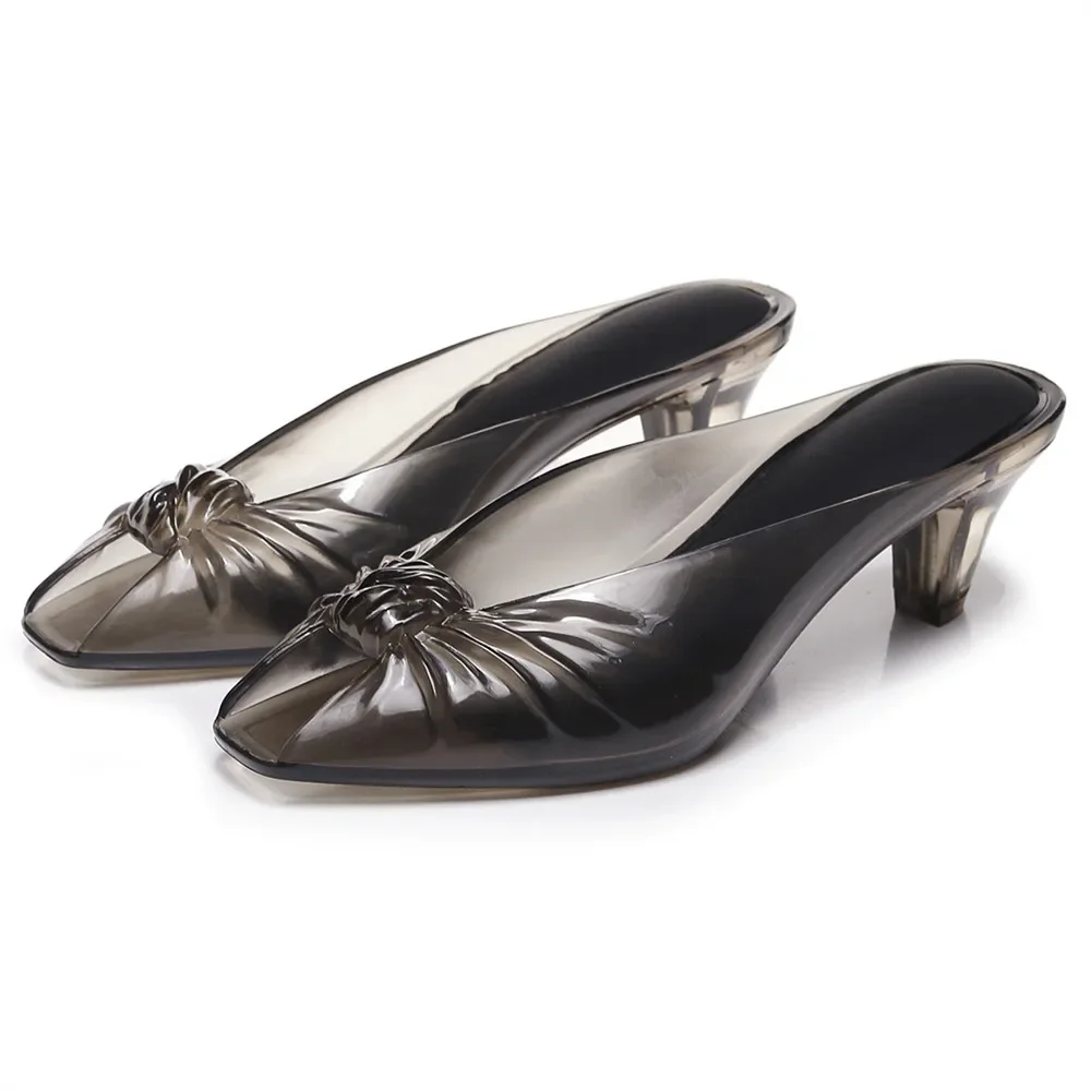Summer Women Smoky Gray Jelly Mules Knotted Front Peep Toe Transparent Clear Mid Heel Slip On Slides Casual Beach Party Sandals