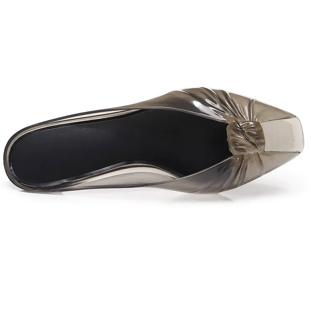 Summer Women Smoky Gray Jelly Mules Knotted Front Peep Toe Transparent Clear Mid Heel Slip On Slides Casual Beach Party Sandals