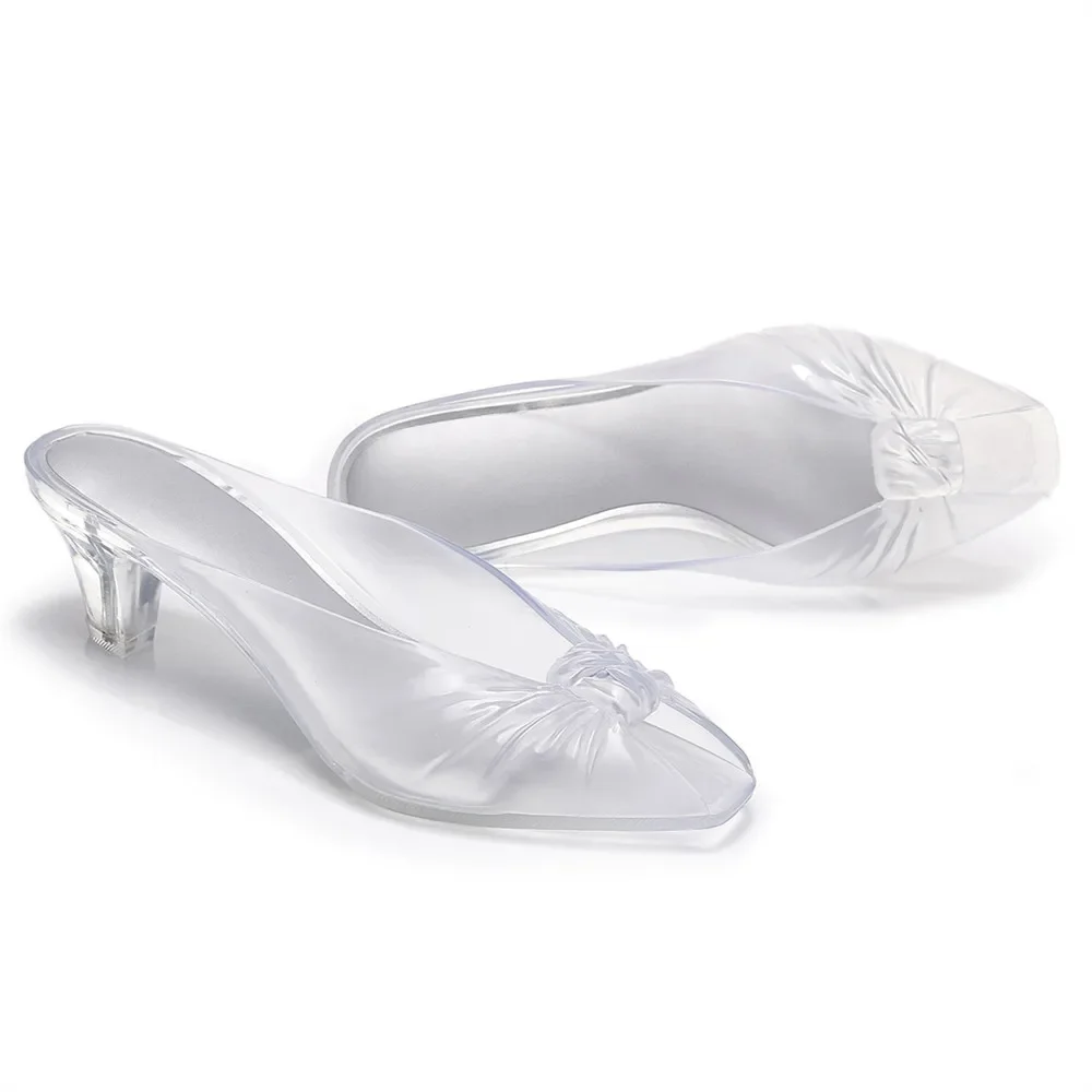 Summer Women Smoky Gray Jelly Mules Knotted Front Peep Toe Transparent Clear Mid Heel Slip On Slides Casual Beach Party Sandals