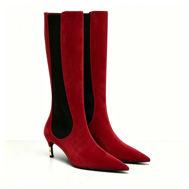 2026 Women's New Low Heel Short Boots with Pointed Kitten Heels and Elastic Fabric Women's Medium and Long Boots