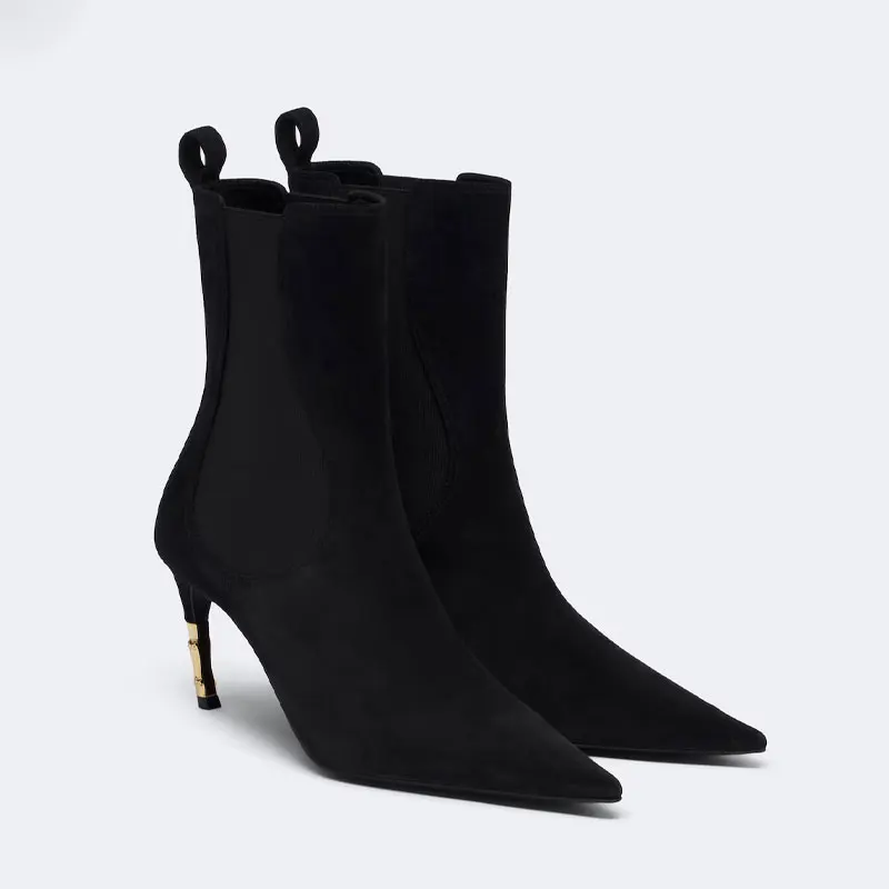 2026 Women's New Low Heel Short Boots with Pointed Kitten Heels and Elastic Fabric Women's Medium and Long Boots