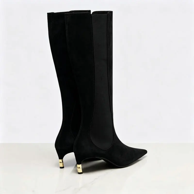 2026 Women's New Low Heel Short Boots with Pointed Kitten Heels and Elastic Fabric Women's Medium and Long Boots