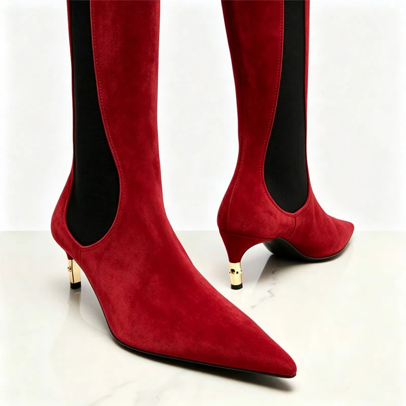 2026 Women's New Low Heel Short Boots with Pointed Kitten Heels and Elastic Fabric Women's Medium and Long Boots