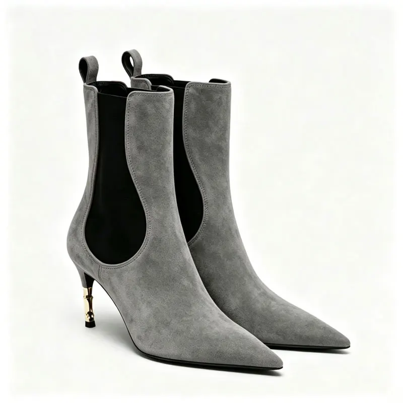 2026 Women's New Low Heel Short Boots with Pointed Kitten Heels and Elastic Fabric Women's Medium and Long Boots