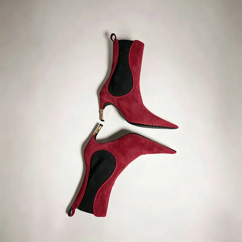 2026 Women's New Low Heel Short Boots with Pointed Kitten Heels and Elastic Fabric Women's Medium and Long Boots