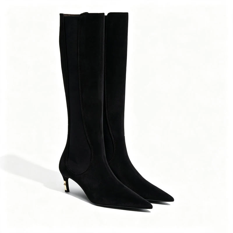 2026 Women's New Low Heel Short Boots with Pointed Kitten Heels and Elastic Fabric Women's Medium and Long Boots