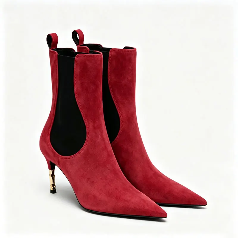 2026 Women's New Low Heel Short Boots with Pointed Kitten Heels and Elastic Fabric Women's Medium and Long Boots