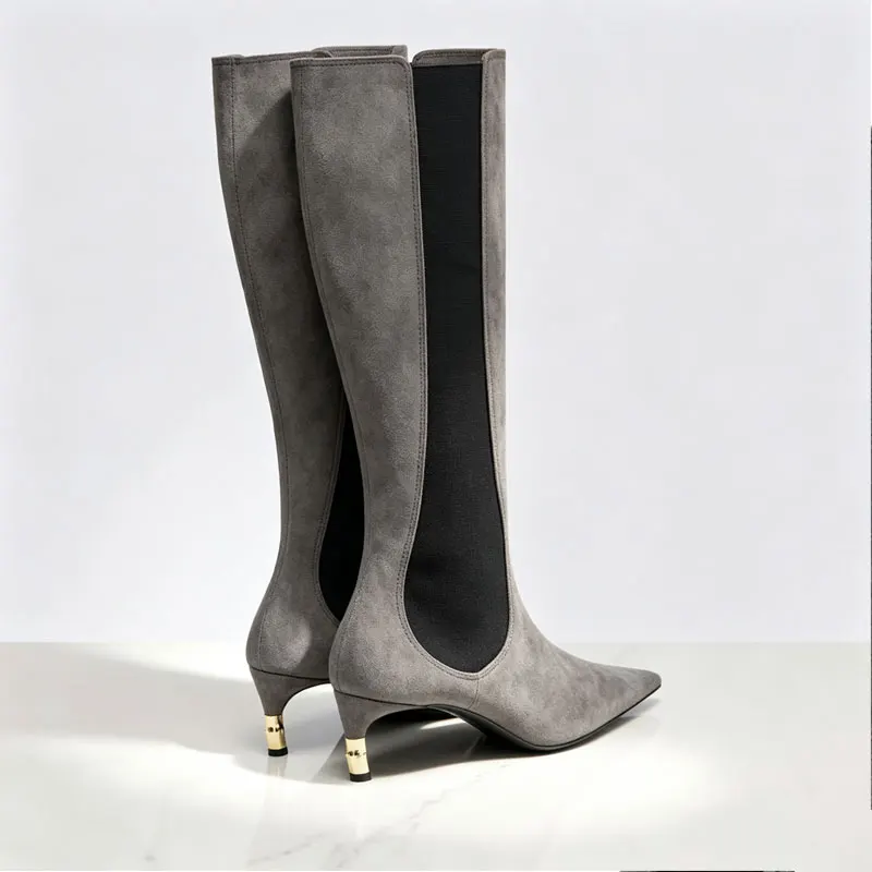 2026 Women's New Low Heel Short Boots with Pointed Kitten Heels and Elastic Fabric Women's Medium and Long Boots