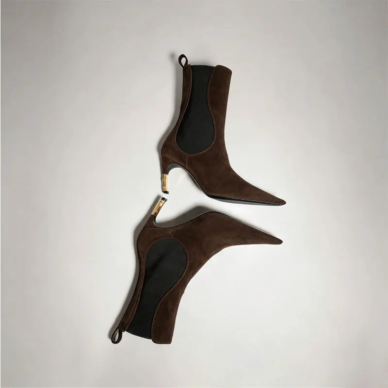 2026 Women's New Low Heel Short Boots with Pointed Kitten Heels and Elastic Fabric Women's Medium and Long Boots