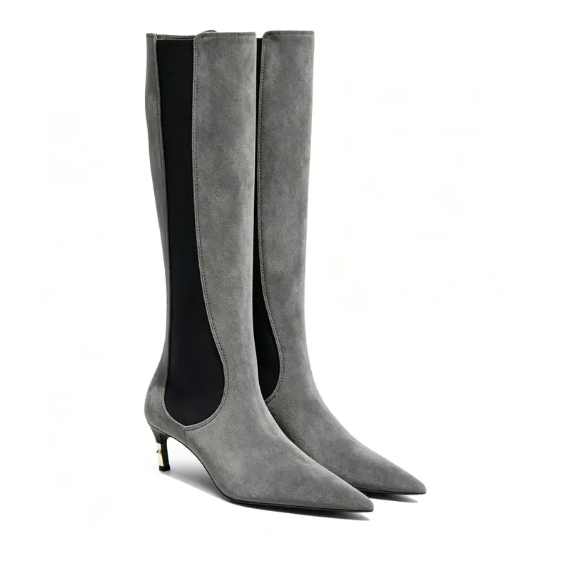 2026 Women's New Low Heel Short Boots with Pointed Kitten Heels and Elastic Fabric Women's Medium and Long Boots