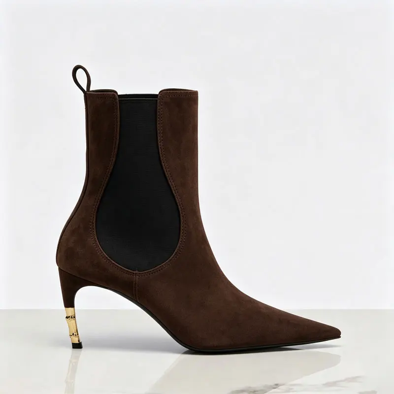 2026 Women's New Low Heel Short Boots with Pointed Kitten Heels and Elastic Fabric Women's Medium and Long Boots
