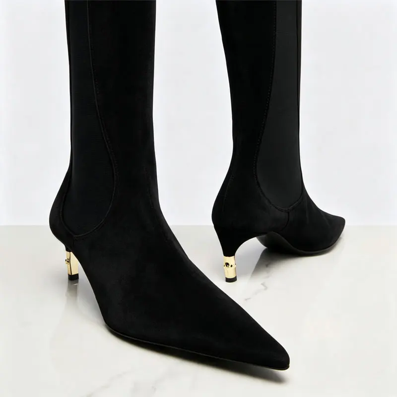 2026 Women's New Low Heel Short Boots with Pointed Kitten Heels and Elastic Fabric Women's Medium and Long Boots