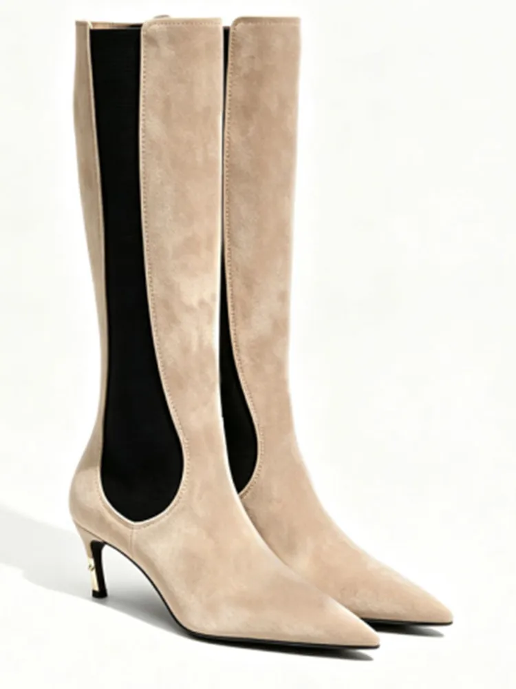 2026 Women's New Low Heel Short Boots with Pointed Kitten Heels and Elastic Fabric Women's Medium and Long Boots