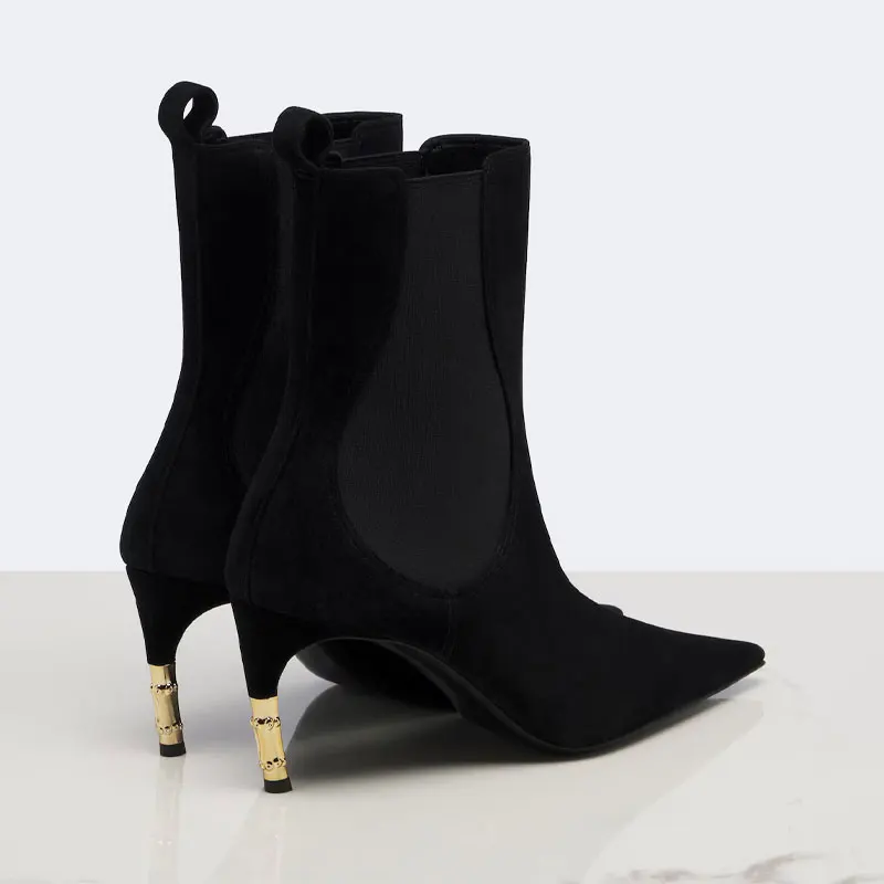 2026 Women's New Low Heel Short Boots with Pointed Kitten Heels and Elastic Fabric Women's Medium and Long Boots