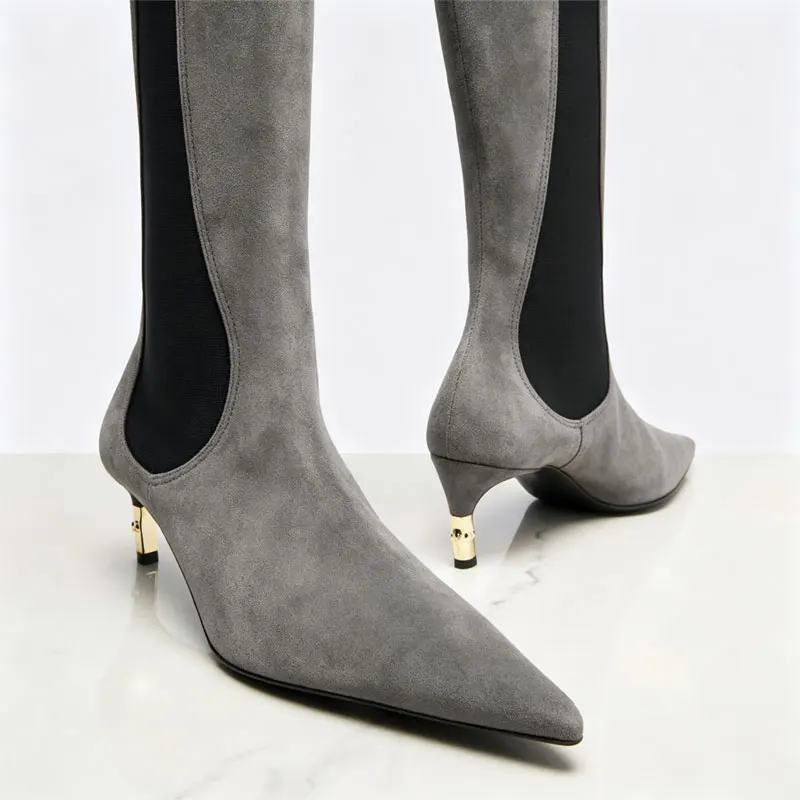 2026 Women's New Low Heel Short Boots with Pointed Kitten Heels and Elastic Fabric Women's Medium and Long Boots