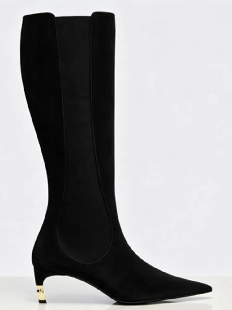 2026 Women's New Low Heel Short Boots with Pointed Kitten Heels and Elastic Fabric Women's Medium and Long Boots