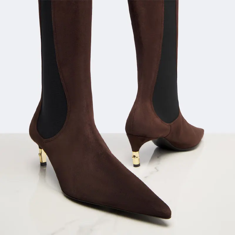 2026 Women's New Low Heel Short Boots with Pointed Kitten Heels and Elastic Fabric Women's Medium and Long Boots