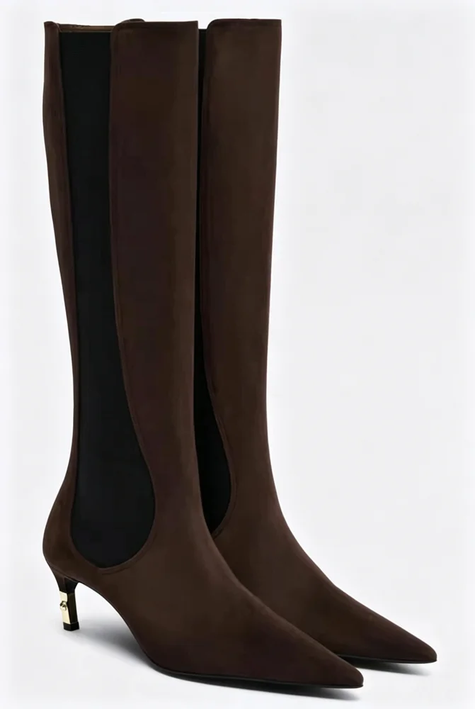 2026 Women's New Low Heel Short Boots with Pointed Kitten Heels and Elastic Fabric Women's Medium and Long Boots