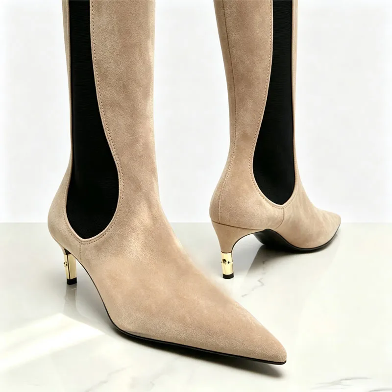 2026 Women's New Low Heel Short Boots with Pointed Kitten Heels and Elastic Fabric Women's Medium and Long Boots