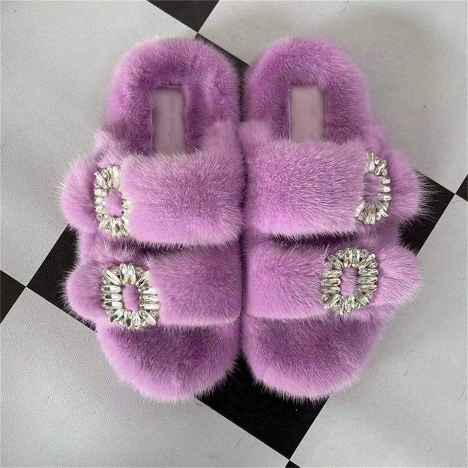 2025 New Women Fur Slippers Shoes Women Warm Winter Crystal Fur Shoes For Women Slippers Casual Plush Comfortable Mink Slippers