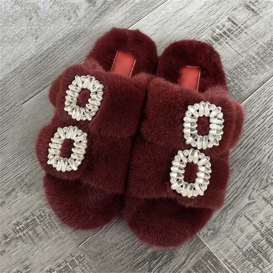 2025 New Women Fur Slippers Shoes Women Warm Winter Crystal Fur Shoes For Women Slippers Casual Plush Comfortable Mink Slippers