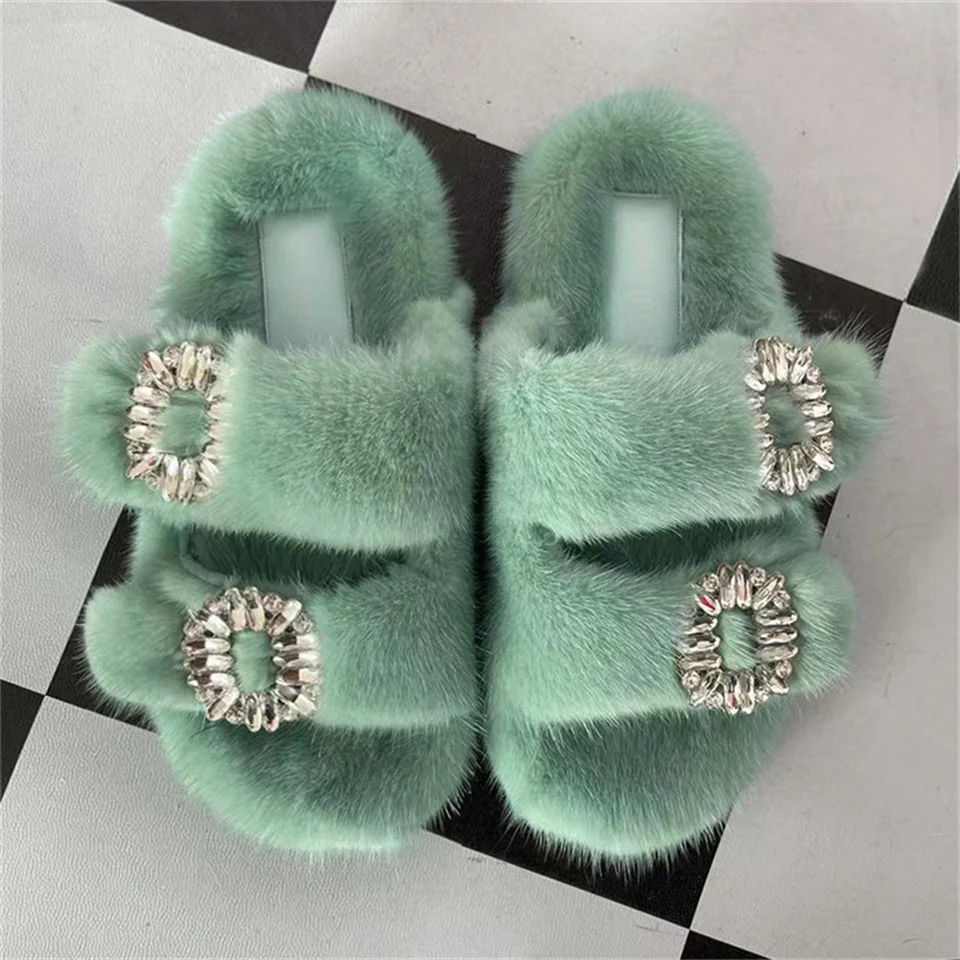 2025 New Women Fur Slippers Shoes Women Warm Winter Crystal Fur Shoes For Women Slippers Casual Plush Comfortable Mink Slippers
