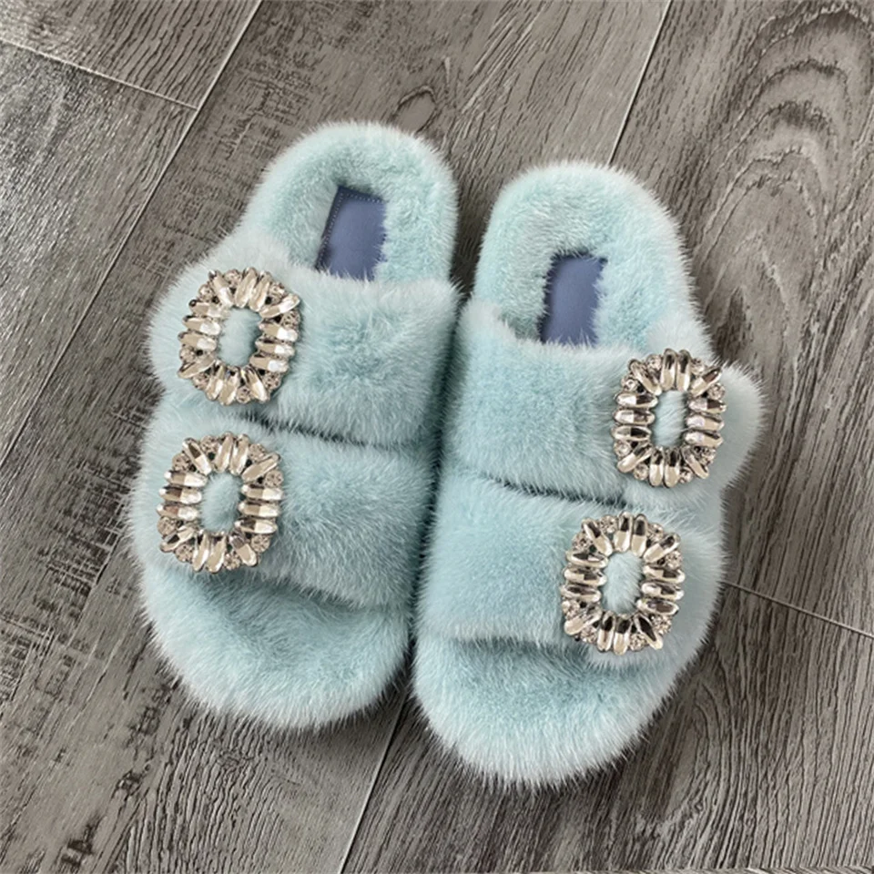 2025 New Women Fur Slippers Shoes Women Warm Winter Crystal Fur Shoes For Women Slippers Casual Plush Comfortable Mink Slippers