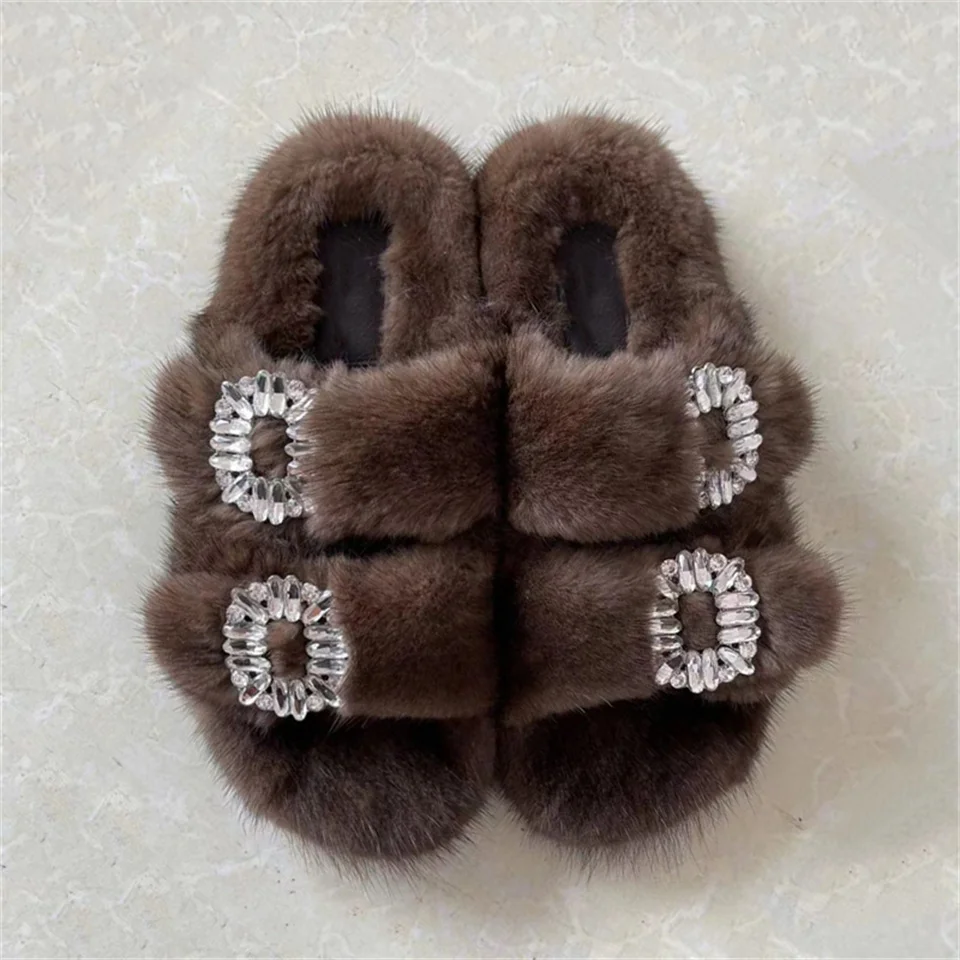 2025 New Women Fur Slippers Shoes Women Warm Winter Crystal Fur Shoes For Women Slippers Casual Plush Comfortable Mink Slippers
