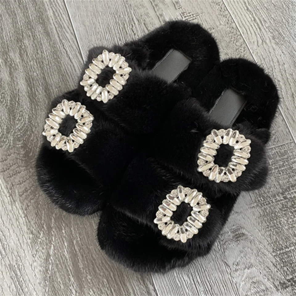 2025 New Women Fur Slippers Shoes Women Warm Winter Crystal Fur Shoes For Women Slippers Casual Plush Comfortable Mink Slippers