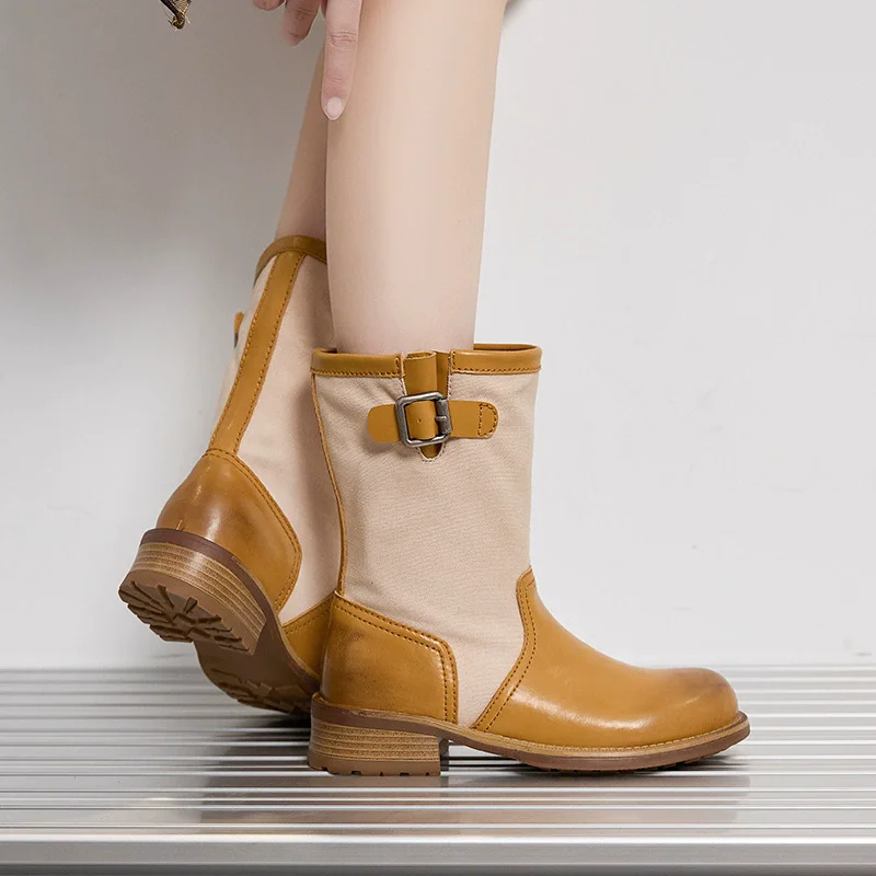 MORAZORA 2027 New Split Leather Mid Calf Western Boots British Style Retro Buckle Canvas Short Booties Square Mid Heels Shoes