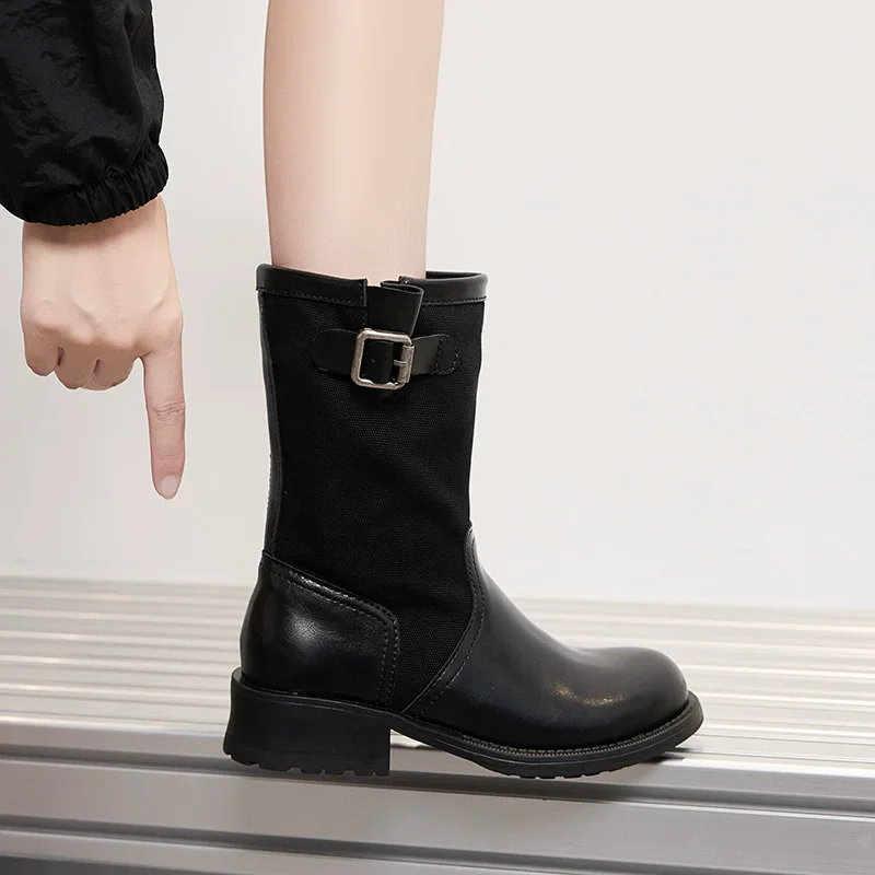 MORAZORA 2027 New Split Leather Mid Calf Western Boots British Style Retro Buckle Canvas Short Booties Square Mid Heels Shoes