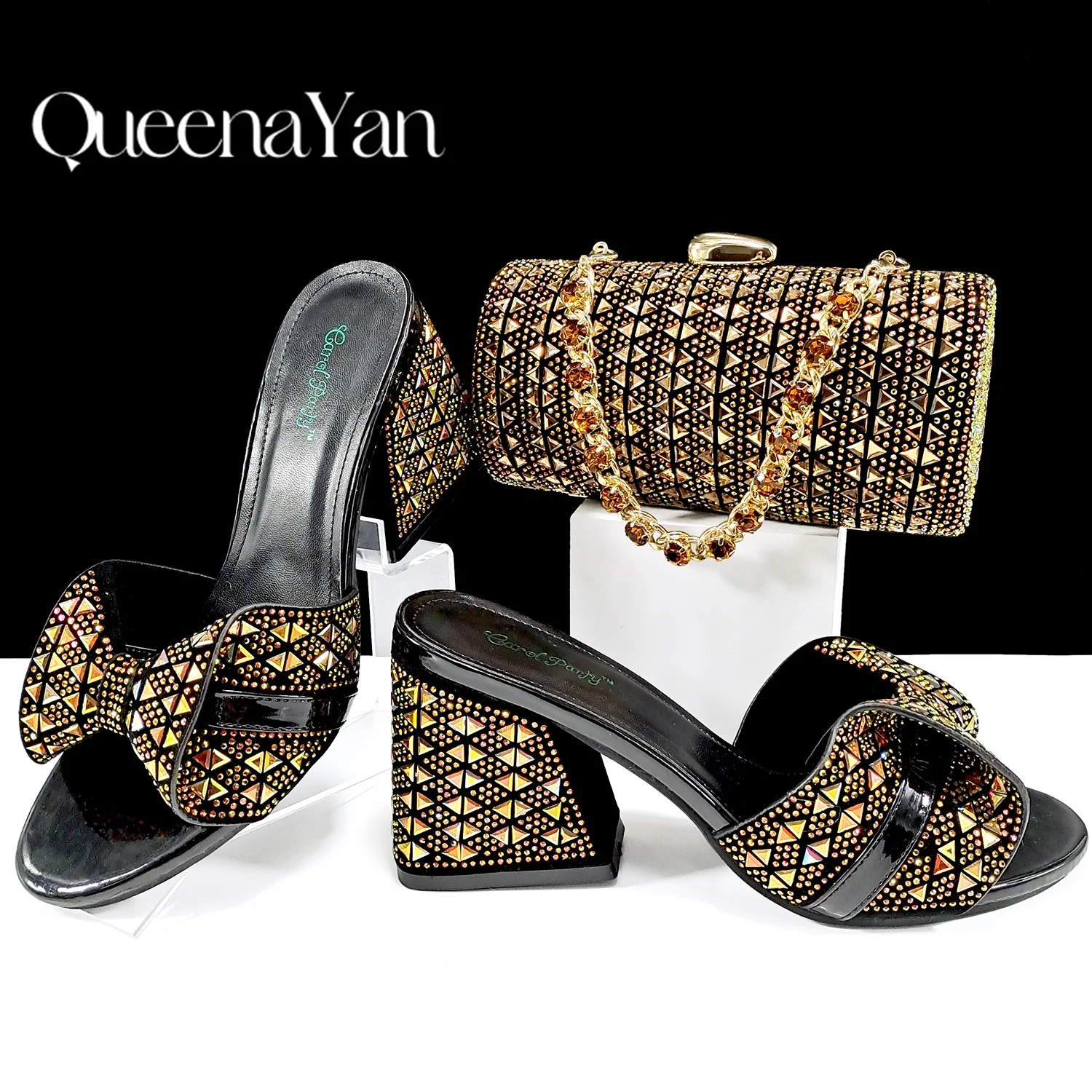 QSGFC Italian Fashion Banquet Shoes and Bags African Women's Hand Bags with Rhinestone Decoration and Women's High Heels