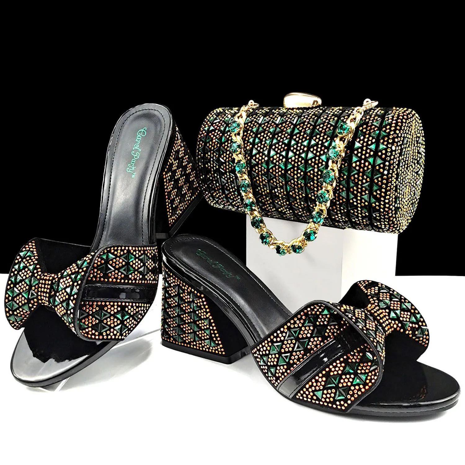 QSGFC Italian Fashion Banquet Shoes and Bags African Women's Hand Bags with Rhinestone Decoration and Women's High Heels