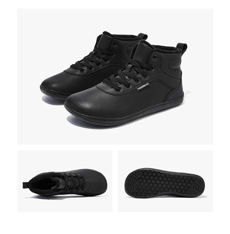 HOBIBEAR Unisex Winter Barefoot Shoes Womens Men Wide Toe Box Faux Fur Lined Ankle Sneakers Artificial Leather Lace Up Shoes