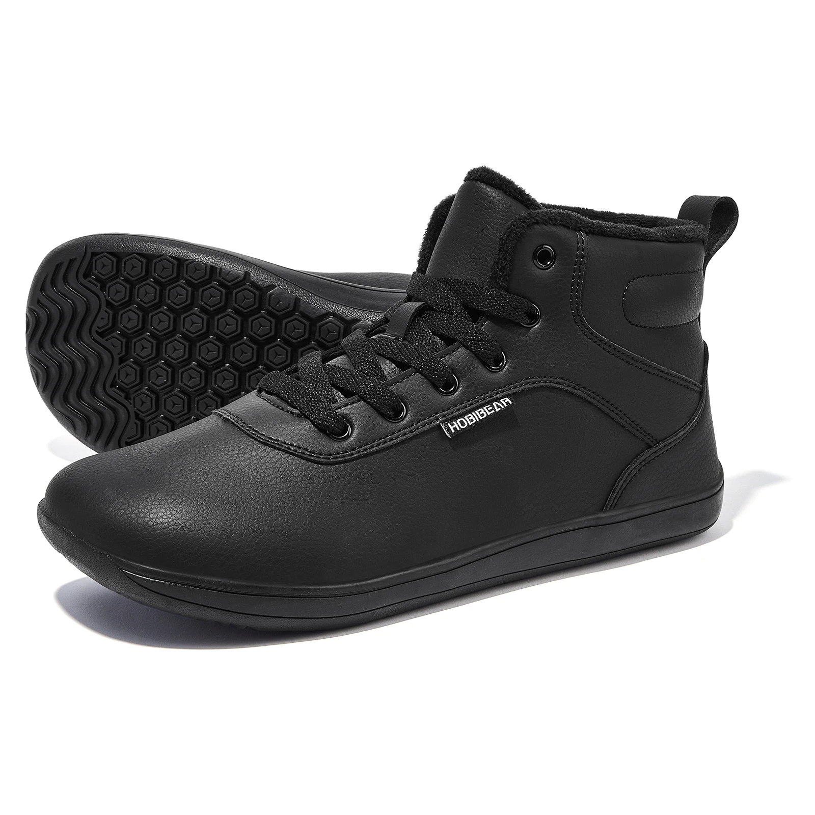 HOBIBEAR Unisex Winter Barefoot Shoes Womens Men Wide Toe Box Faux Fur Lined Ankle Sneakers Artificial Leather Lace Up Shoes