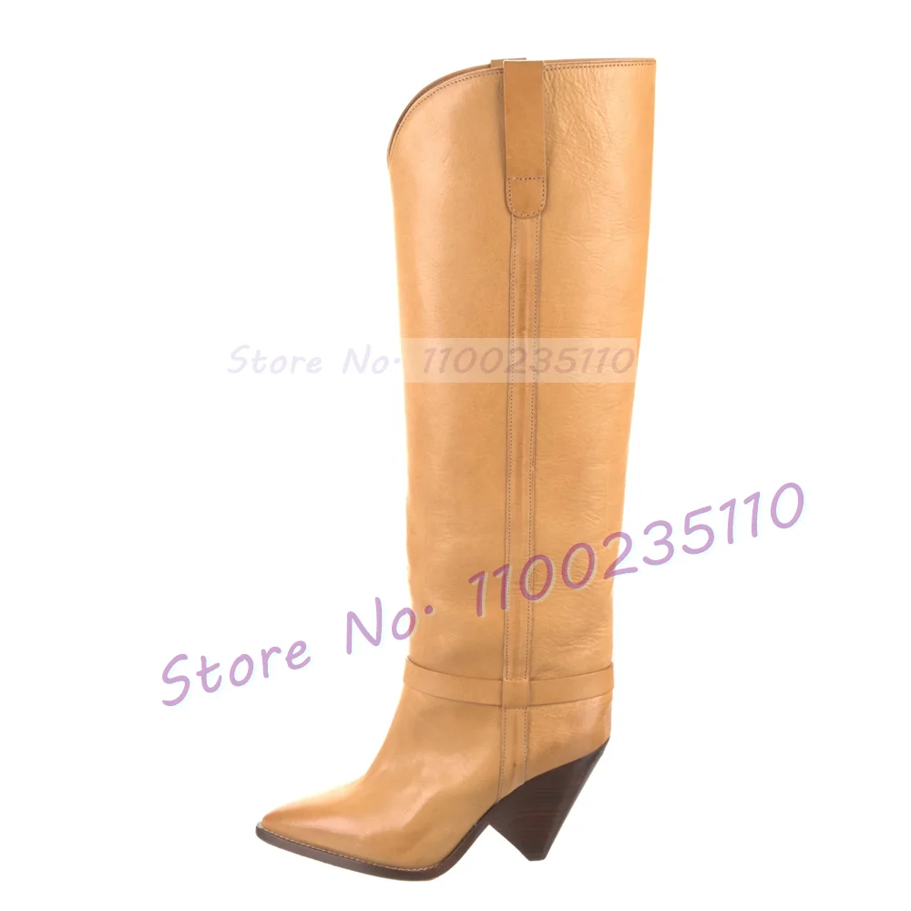 Silver Metal Toe Tan Knee-High Boots Women Fashion Pointed Toe Cone Heel Catwalk Shoes Ladies Stylish Cool Girls Slanted Boots