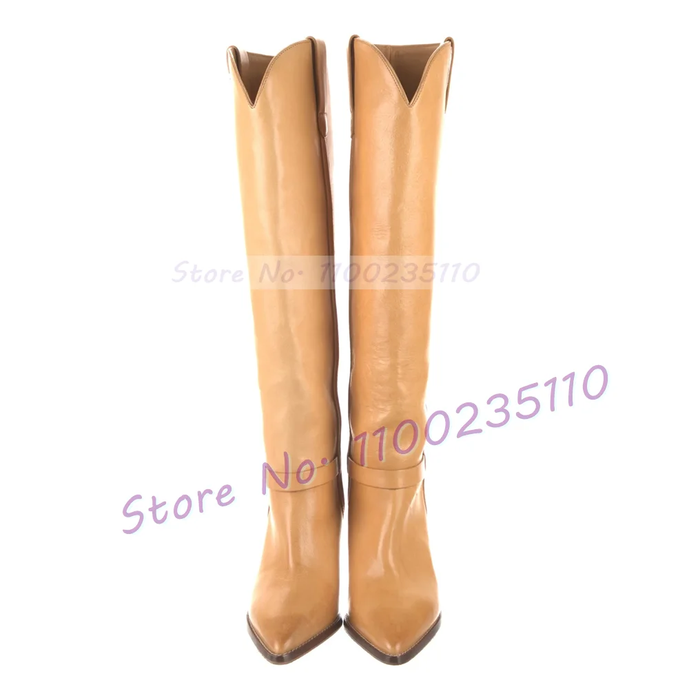 Silver Metal Toe Tan Knee-High Boots Women Fashion Pointed Toe Cone Heel Catwalk Shoes Ladies Stylish Cool Girls Slanted Boots