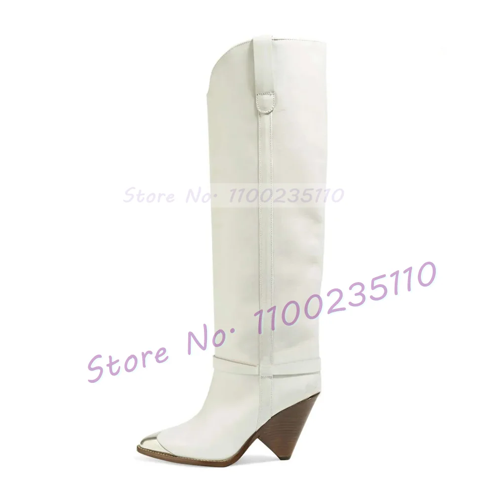 Silver Metal Toe Tan Knee-High Boots Women Fashion Pointed Toe Cone Heel Catwalk Shoes Ladies Stylish Cool Girls Slanted Boots
