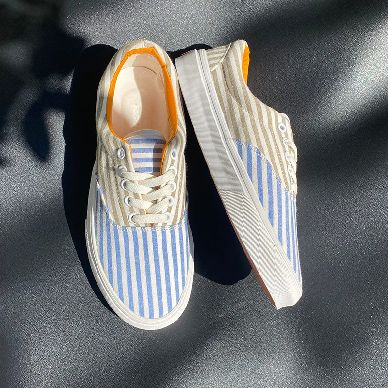 Summer Breathable Versatile Blue and White Striped Shoes for Men, Thick-Soled Couple Fashion Sneakers, Low-Top Casual Shoes, Canvas Shoes for Both Men and Women