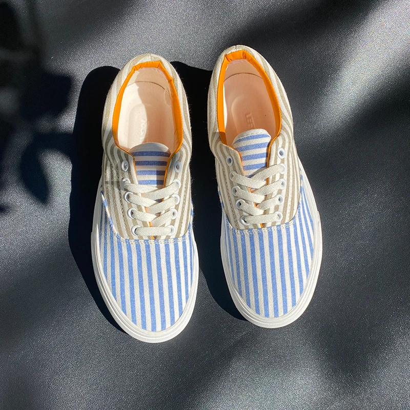 Summer Breathable Versatile Blue and White Striped Shoes for Men, Thick-Soled Couple Fashion Sneakers, Low-Top Casual Shoes, Canvas Shoes for Both Men and Women
