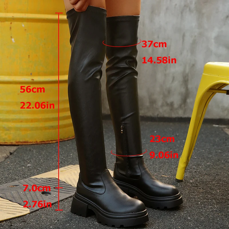 Black Pu Leather Over The Knee Boots Women 2026 Autumn Chunky Platform Thigh High Boots Woman Punk Thick Heel Long Booties Mujer
