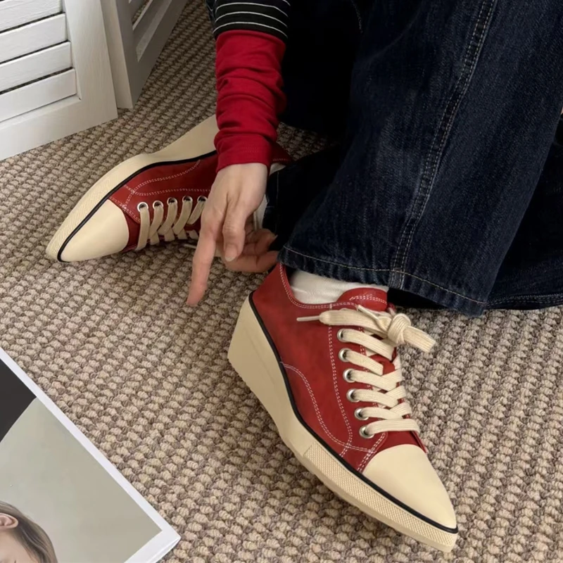 AIYUQI 2026 New Women Platform Sneakers Shoe Pointed Toe Wedge Fashion Casual Shoes Women Antislip Laceup Everyday Female Shoes