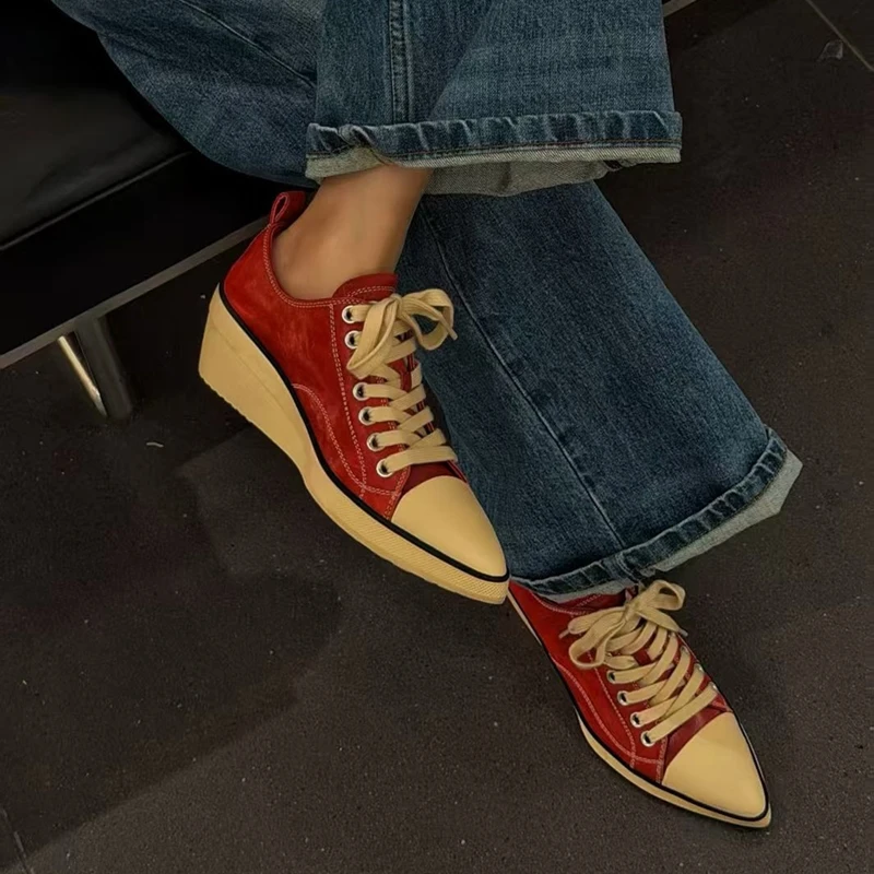 AIYUQI 2026 New Women Platform Sneakers Shoe Pointed Toe Wedge Fashion Casual Shoes Women Antislip Laceup Everyday Female Shoes