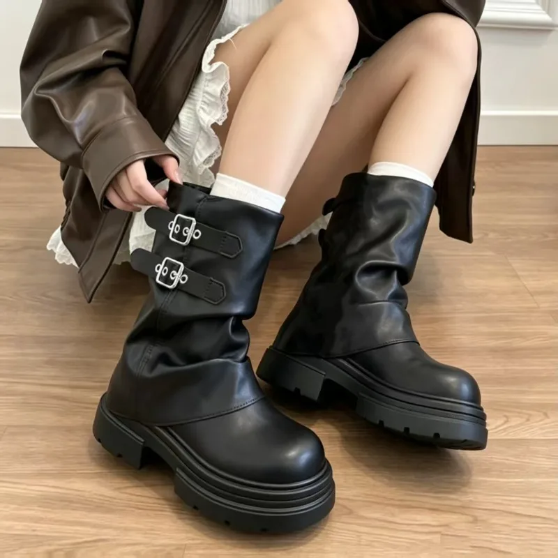 CNEYEIBN Women Double Buckle Mid Calf Boots Pu Leather Platform Block Heel Round Toe Shoes Casual Autumn Mordern Boots