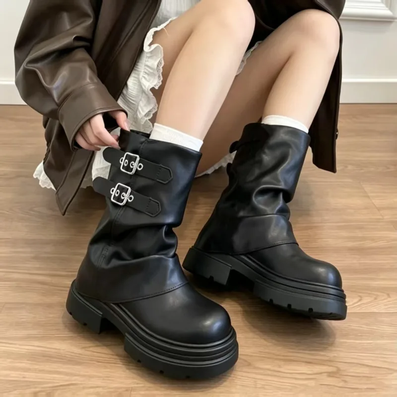 CNEYEIBN Women Double Buckle Mid Calf Boots Pu Leather Platform Block Heel Round Toe Shoes Casual Autumn Mordern Boots