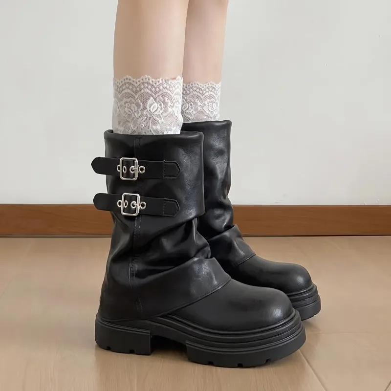 CNEYEIBN Women Double Buckle Mid Calf Boots Pu Leather Platform Block Heel Round Toe Shoes Casual Autumn Mordern Boots